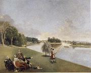 A View of the grounds of Hampton House with Mrs and Mrs Garrick taking tea
